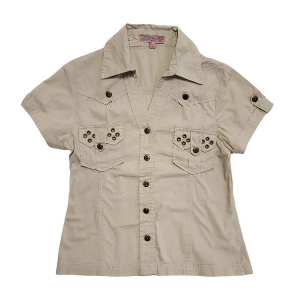 Eye Candy Vintage Y2K Beige Studded Short Sleeve Shirt Womens UK Size 8
