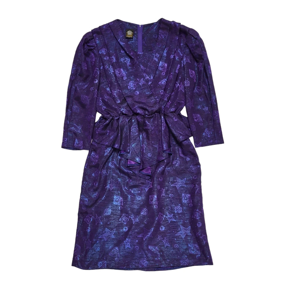 80s Vintage Golden Gate Purple Wrap Peplum Party Dress Women's 14