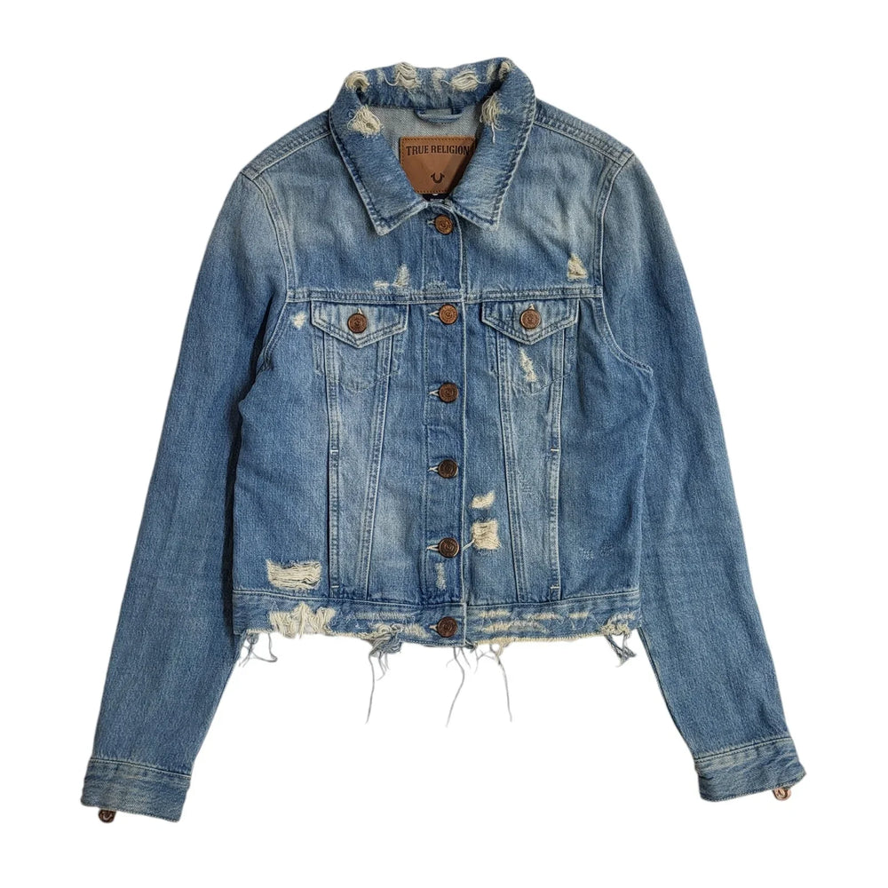 True Religion Mid Blue Denim Button Up Jacket Uk Women's Size Medium EE681