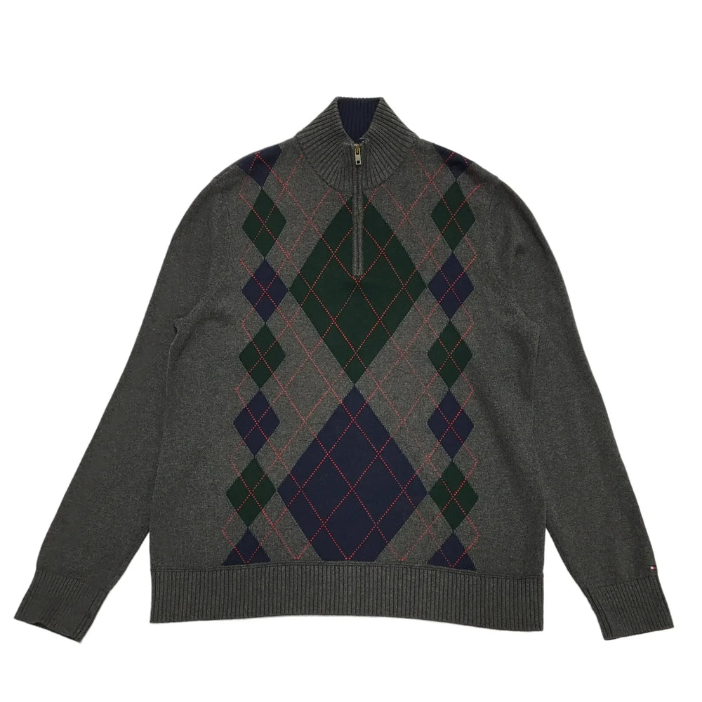 Tommy Hilfiger Grey Argyle High Neck Cotton Jumper Uk Men's Size XL CC108