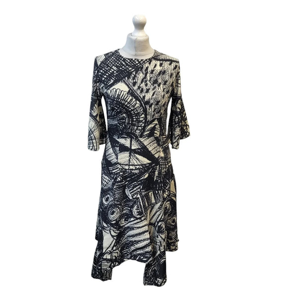 Desigual Black White 3/4 Sleeve Round Neck Dress Uk Women's Size 10 EE404
