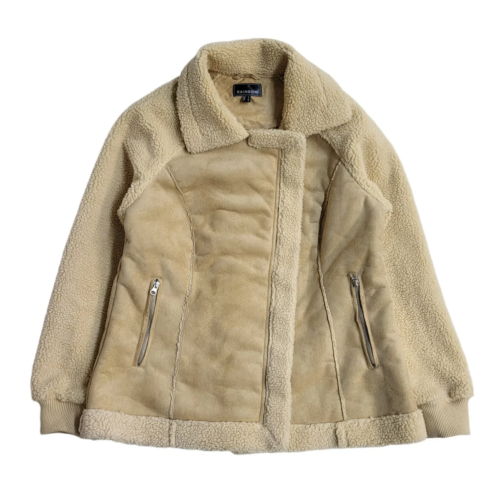 Rainbow Beige Zipped Faux Fur Jacket Uk Women's Size 14 EE874