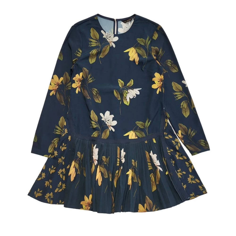 Ted Baker Floral Long Sleeve Pleated Shift Dress Uk Women's Size 14 DD875