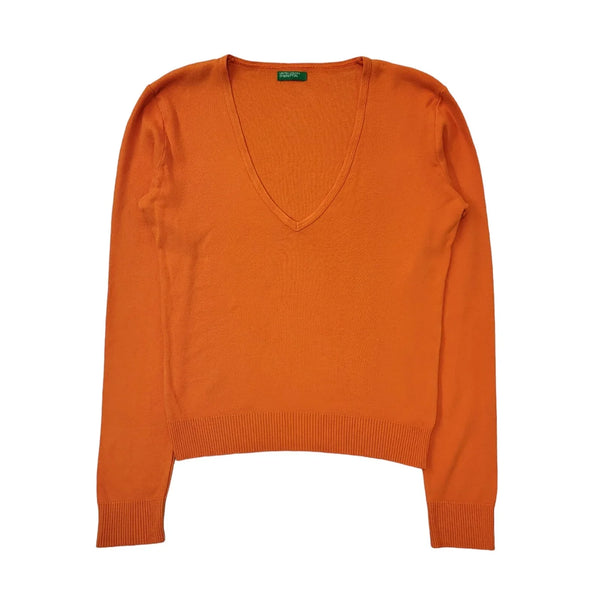 United Colors Of Benetton Y2K Vintage V-Neck Orange Jumper Womens UK 12