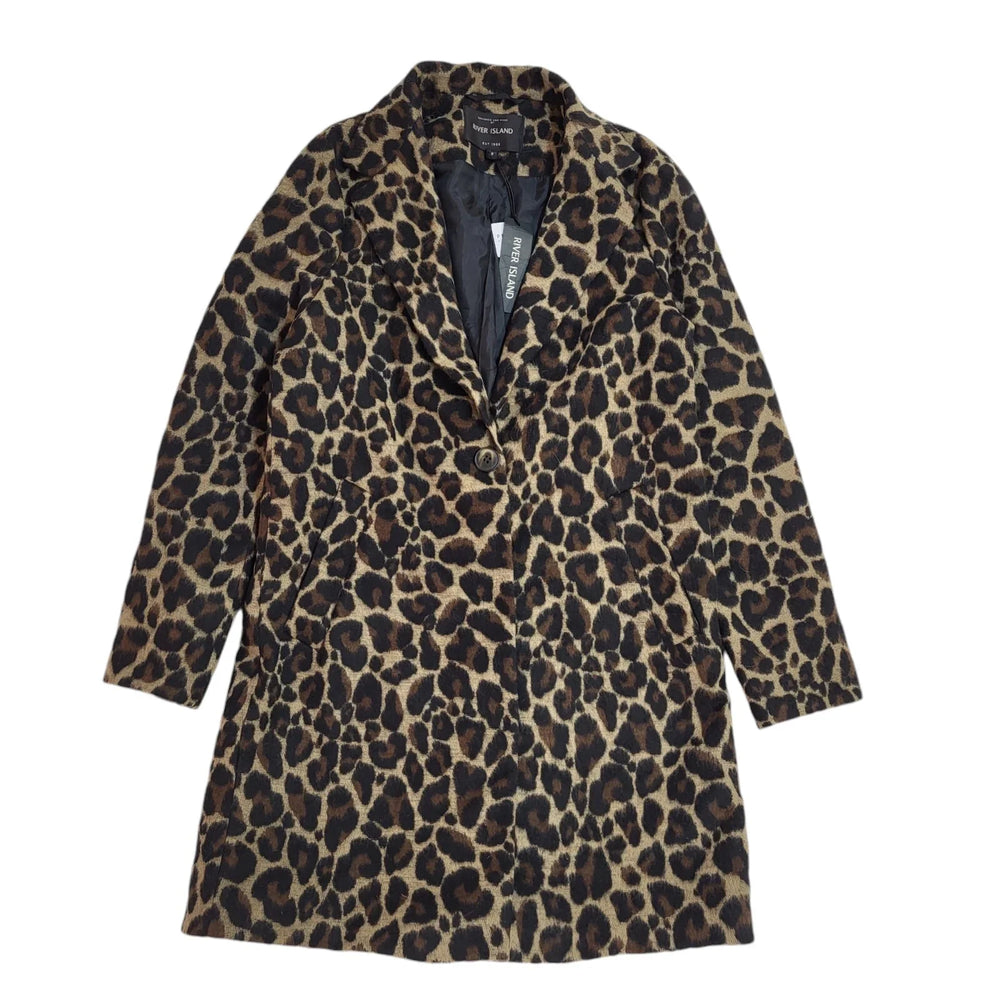 River Island Brown Animal Print Button-Up Coat Uk Women's Size 8 Bnwt EE291