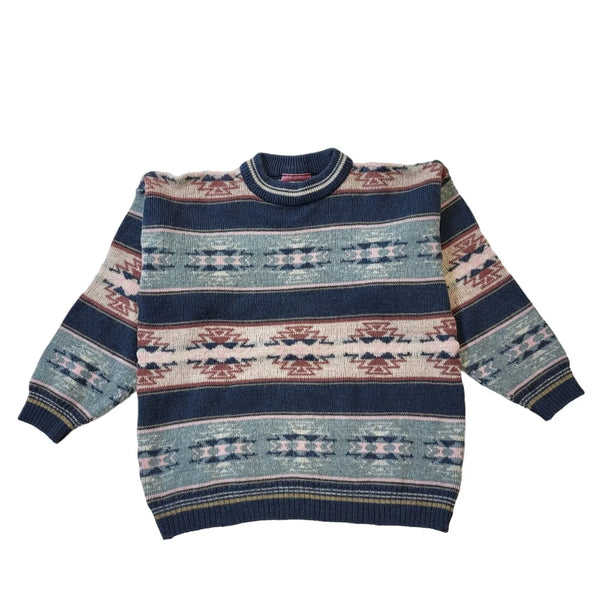 Deuce 90s Vintage Pink & Blue Round Neck Jumper Women's Size L