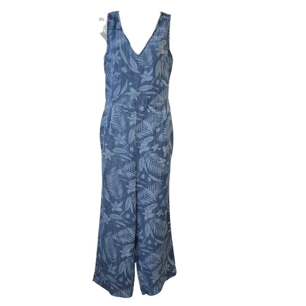 Next Blue Floral Sleeveless V-Neck Denim Jumpsuit Uk Women's Size 10 Bnwt EE420