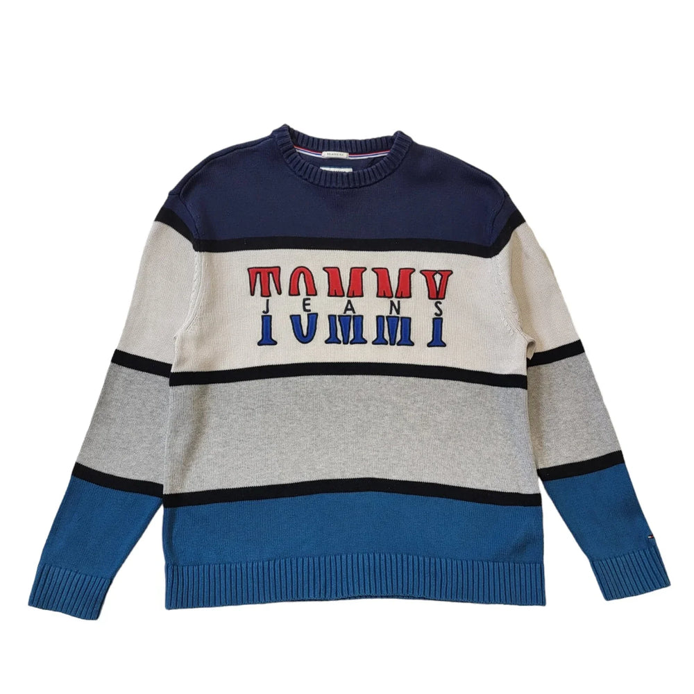 Tommy Jeans Blue & Grey Crew Neck Cotton Jumper Men's Size S