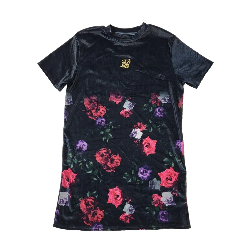 Siksilk Black Floral Short Sleeve Shift Velvet Dress Women's UK 10 EU 38 T H815