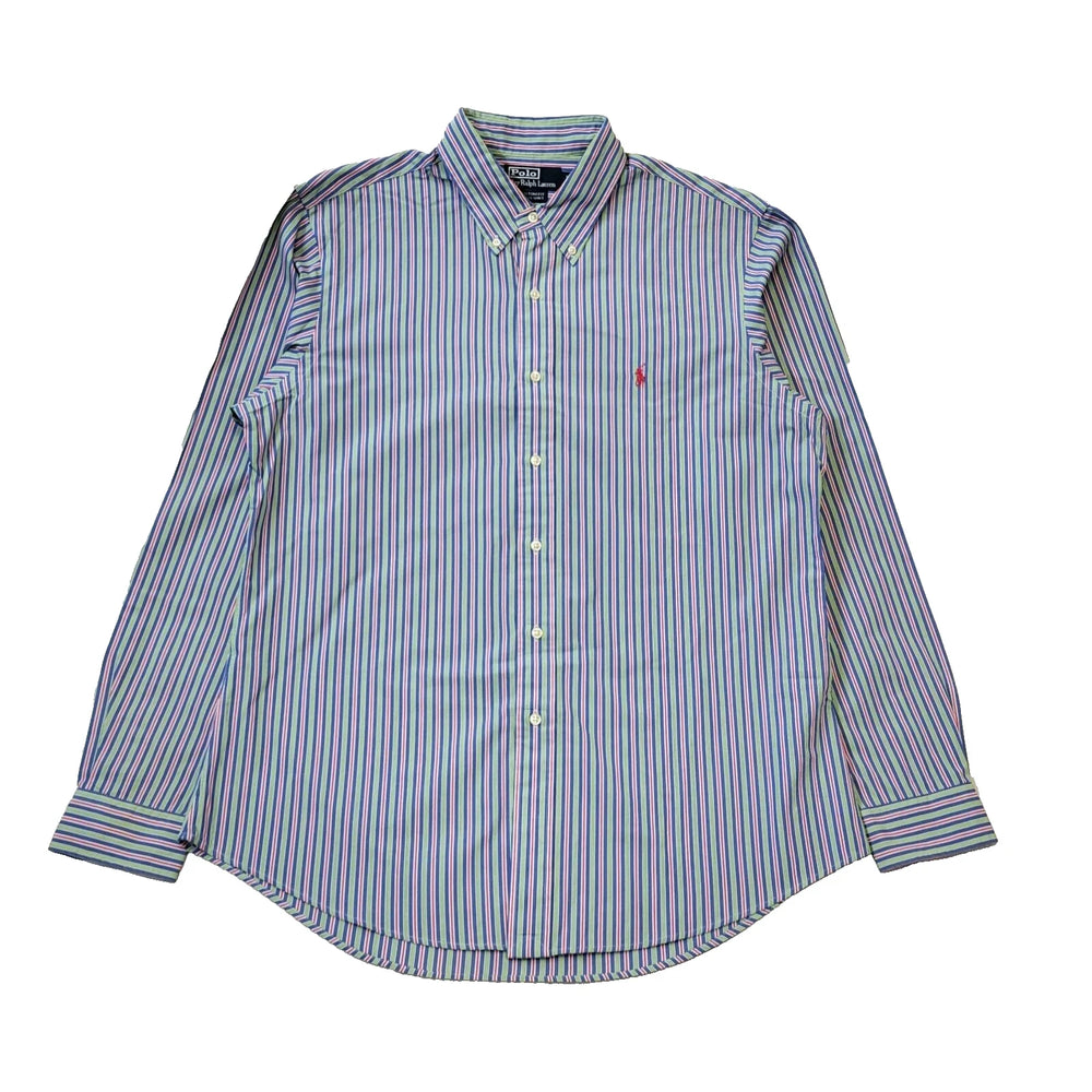 Ralph Lauren Green Blue Red Striped Custom Fit Dress Shirt Men's UK L H121