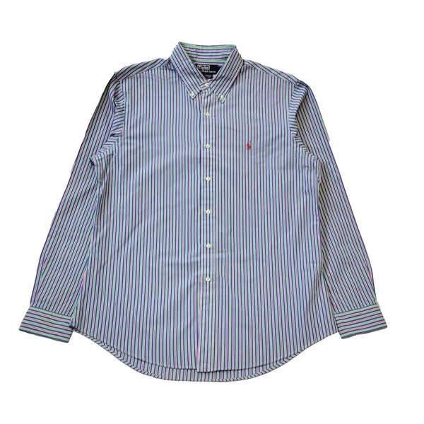 Ralph Lauren Green Blue Red Striped Custom Fit Dress Shirt Men's UK L H121