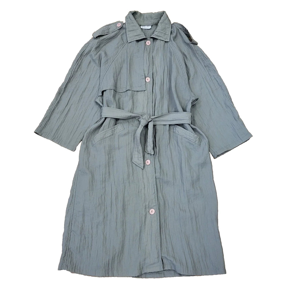 Woman Modern Vintage 80s Grey Button Belted Trench Coat Women's Size 14
