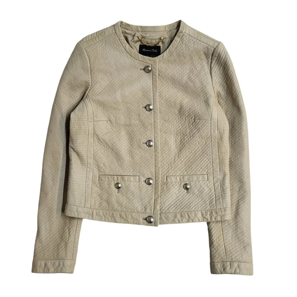 Massimo Dutti Beige Zipped Leather Jacket Uk Women's Size Medium EE907