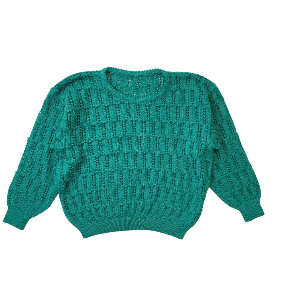 90s Vintage Green Crochet Round Neck Jumper Women's Size Small