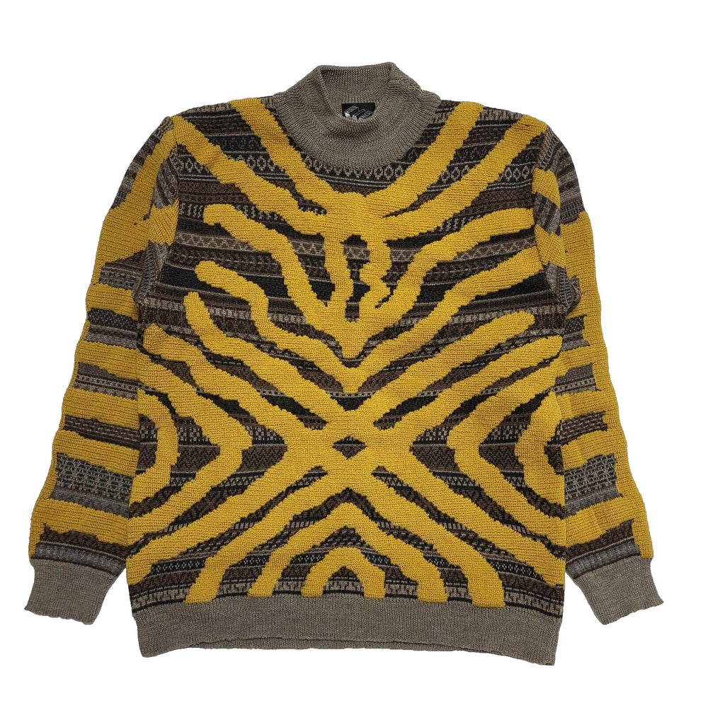 World Wide Gold Beige Abstract Crew Neck Wool Jumper Uk Men's L K992