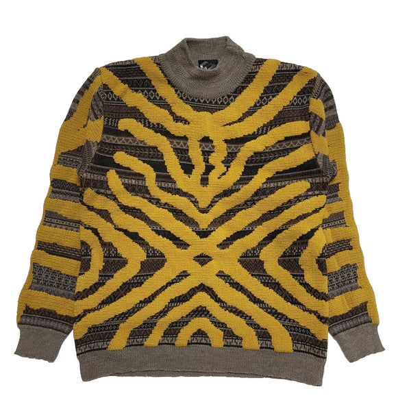 World Wide Gold Beige Abstract Crew Neck Wool Jumper Uk Men's L K992
