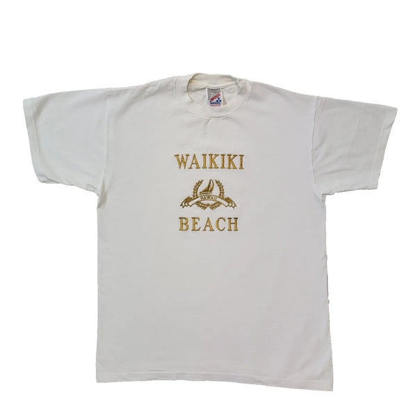 Jerzees 90s Vintage Waikiki Beach White Crew Neck T-Shirt Men's Size M