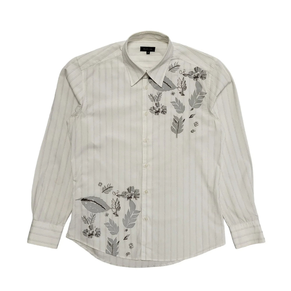 Blue Inc Vintage Y2K White Striped Floral Long Sleeve Shirt Mens UK Medium