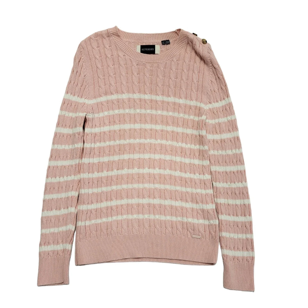 Superdry Pink & White Striped Cable Knit Jumper Womens UK 14 DD171
