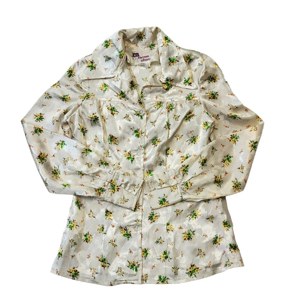 Carmen Albany 70s Vintage Cream & Green Floral Blouse Women's Size 12