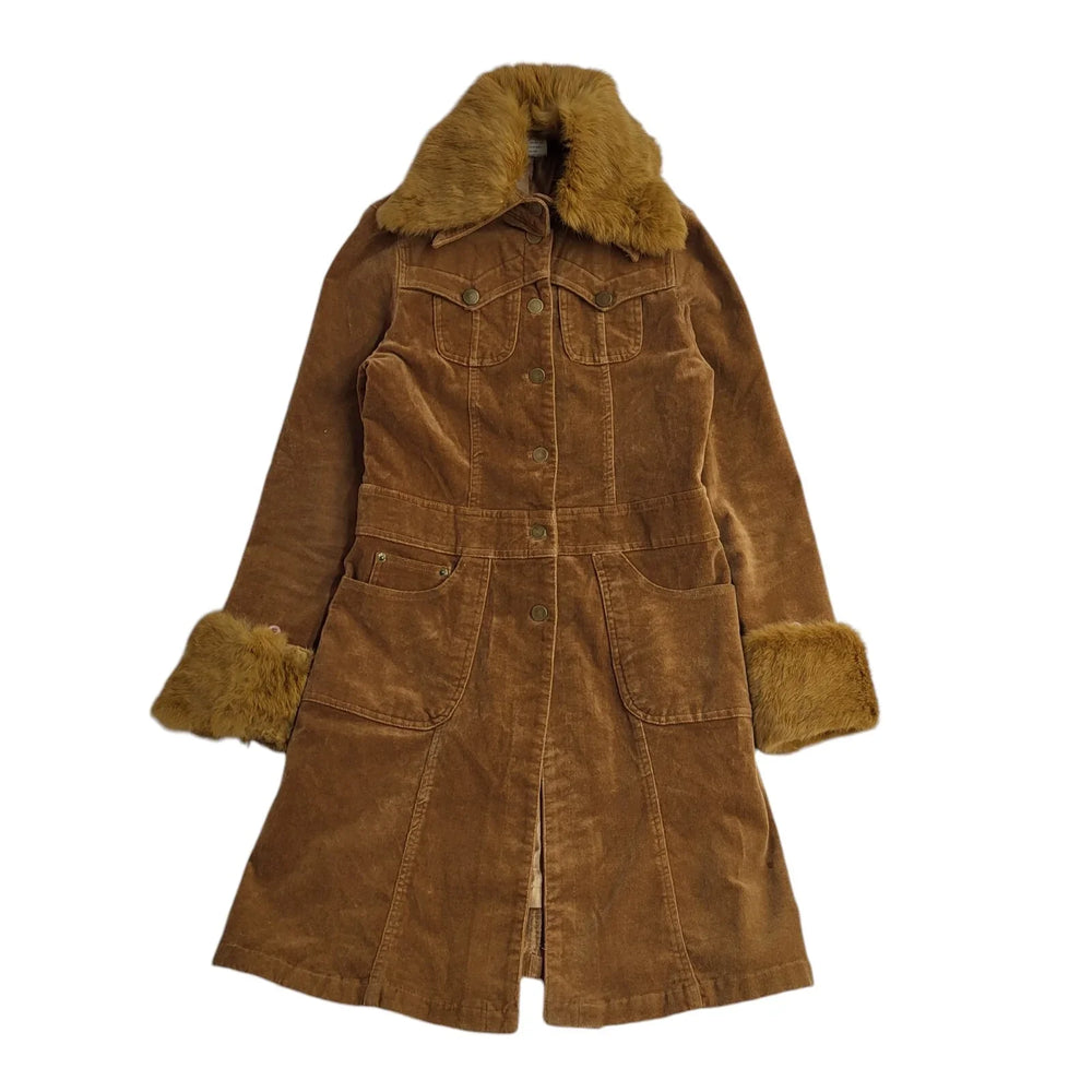 Red Cherry Brown 80s Buttons Corduroy Coat Uk Girl's Size 11 Years