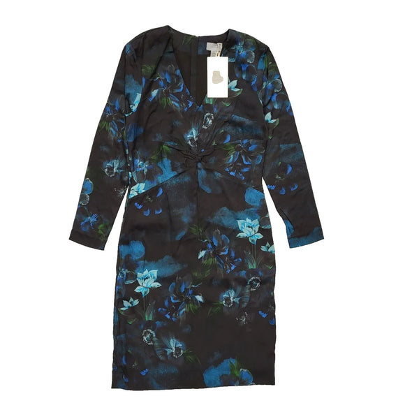 Jigsaw Dress Black Blue Floral Long Sleeve V Neck Women's UK L 12 Bnwt L331