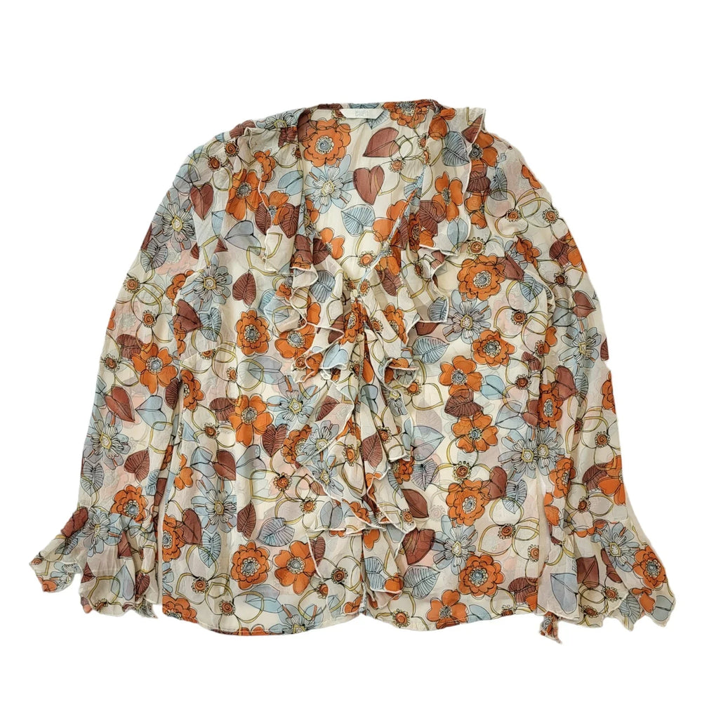 Mark & Spencer Y2K Cream & Orange Floral Ruffle Long Sleeve Blouse Womens UK 16