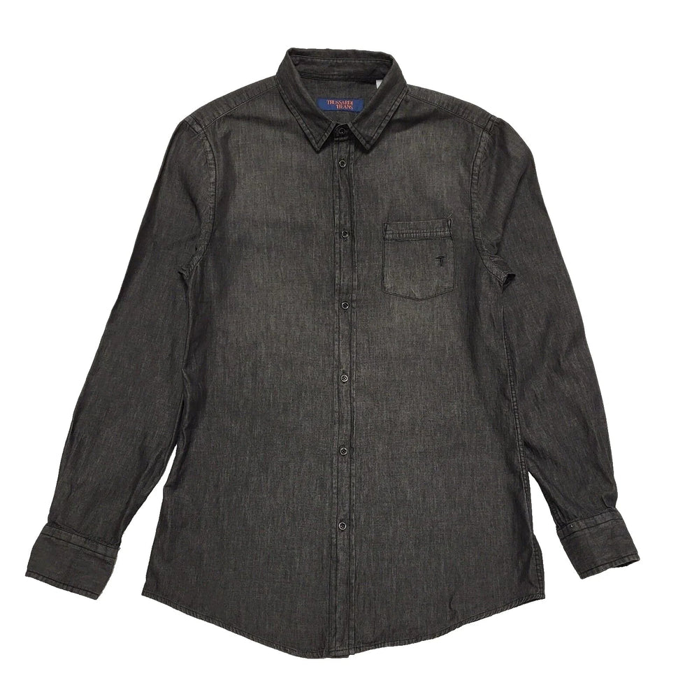 Trussardi Jeans Black Solid Slim Fit Long Sleeve Shirt Mens UK Size S CC711