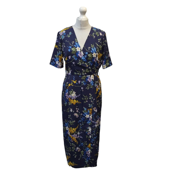 Warehouse Blue Floral Short Sleeve V-Neck Dress Uk Women's Size 12 Bnwt EE406