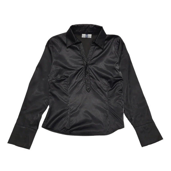 LAS Black Satin Vintage 90's 1/2 Button Collared Blouse Womens UK 10