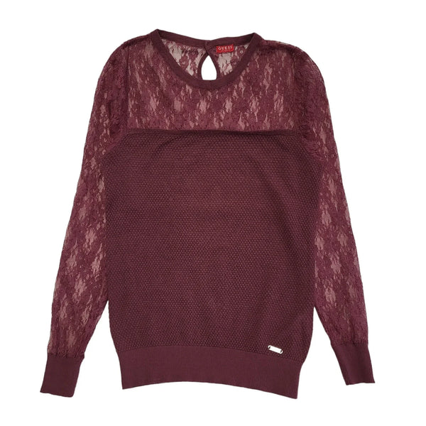 GUESS Maroon Semi Lace Long Sleeve Top Womens UK Size 4 DD590