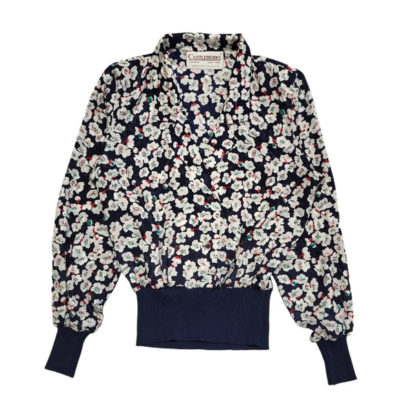 Castle Berry Vintage 90s Blue & White Floral Blouse Uk Women's Size 8
