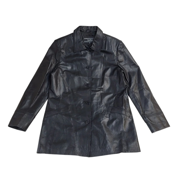 WS Leather Black Button Y2k Leather Coat UK Women's Size XL