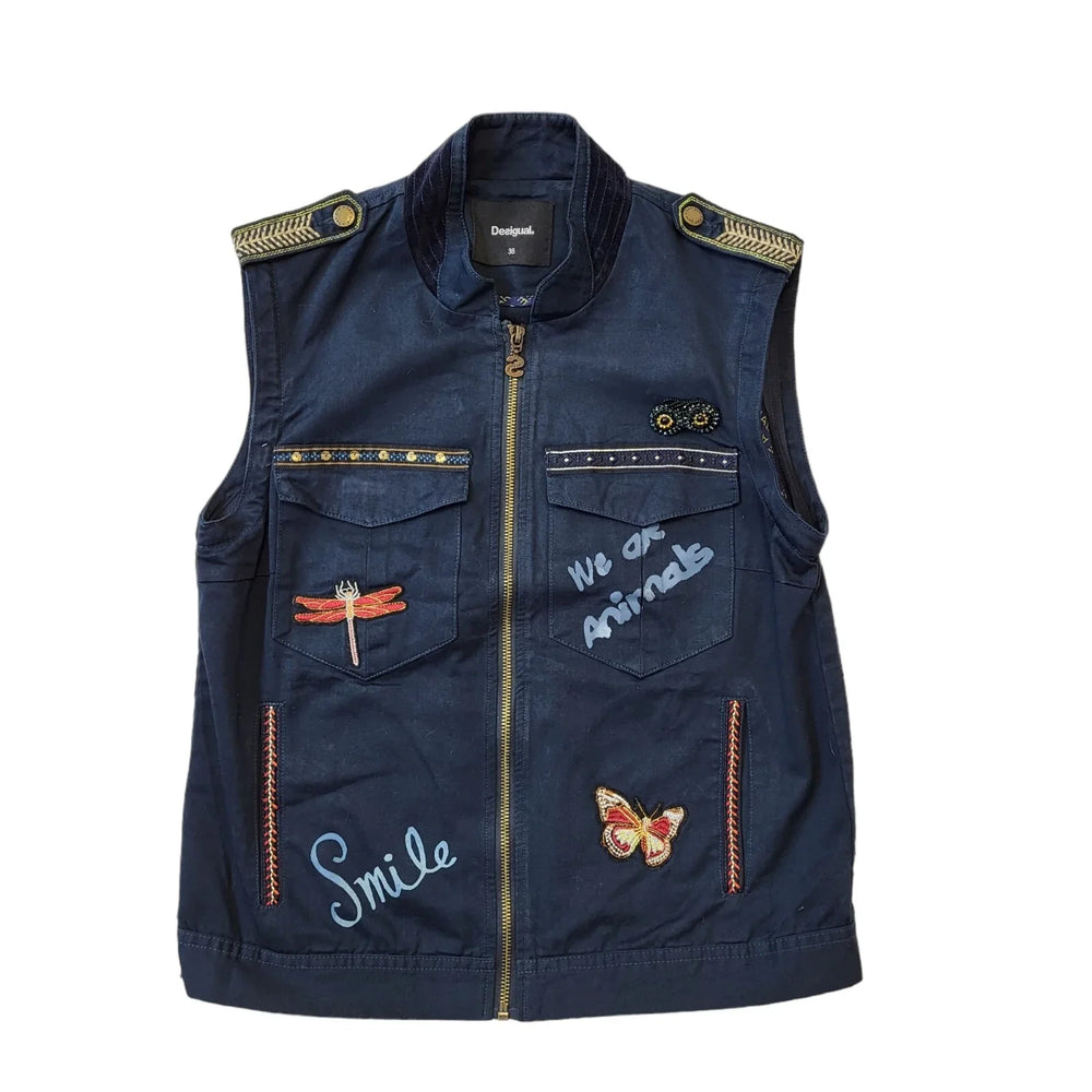 Desigual Y2K Navy Blue Sleeveless Zip Up Gilet Women's Size 12