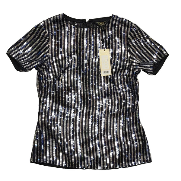 Lipsy London Black Sliver Sequin Short Sleeve Top Uk Women's S 8 Bnwt L61
