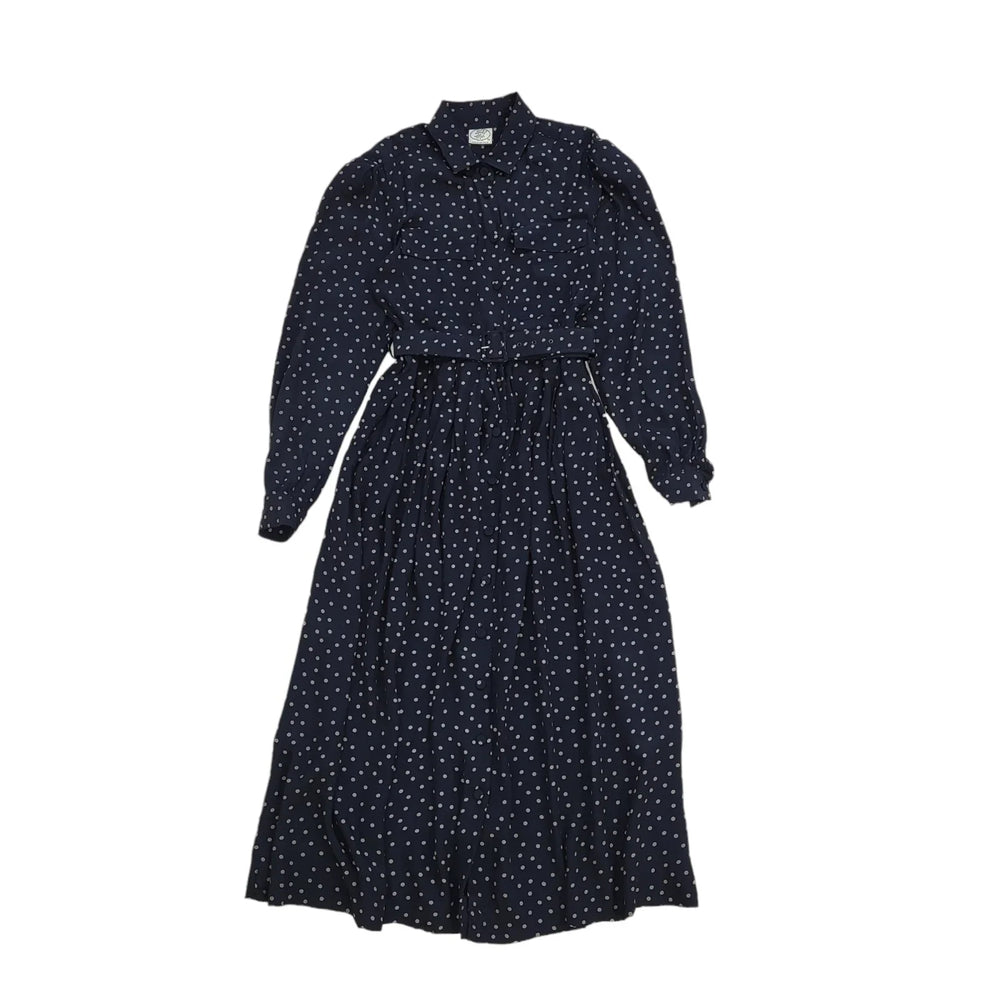 90s Vintage Laura Ashley Black Polka Dot Belted Daywear Dress Women's Size 10