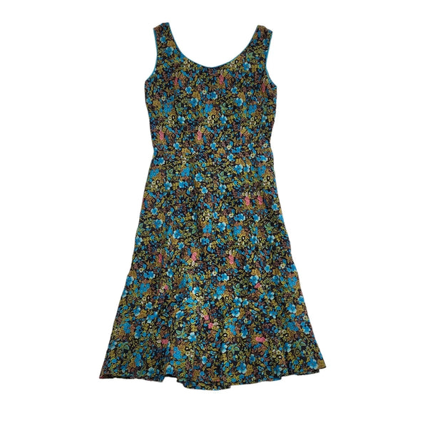 Vintage 80s Green & Blue Floral Sleeveless Daywear Dress Uk Women's Size 10