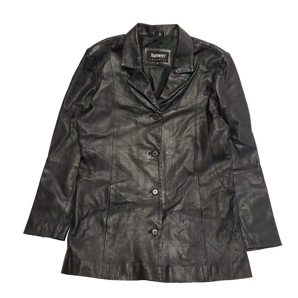 Vintage Barneys Black Button Collared Leather Coat UK Women's 18 K103