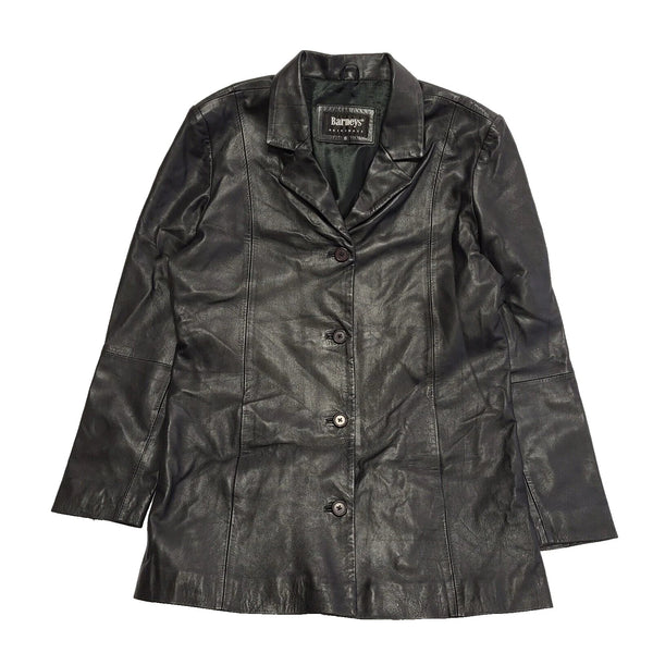 Vintage Barneys Black Button Collared Leather Coat UK Women's 18 K103
