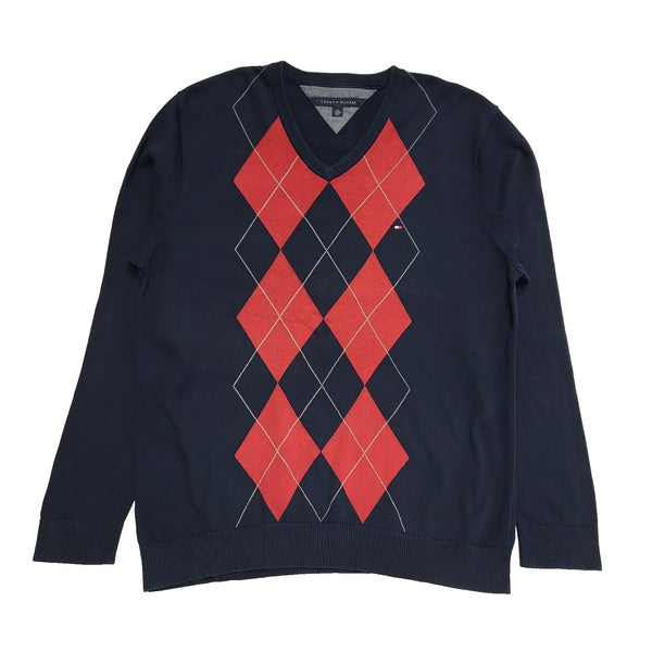 Tommy Hilfiger V-Neck Jumper Argyle Blue Red UK Men's 2xl EU 60 L123