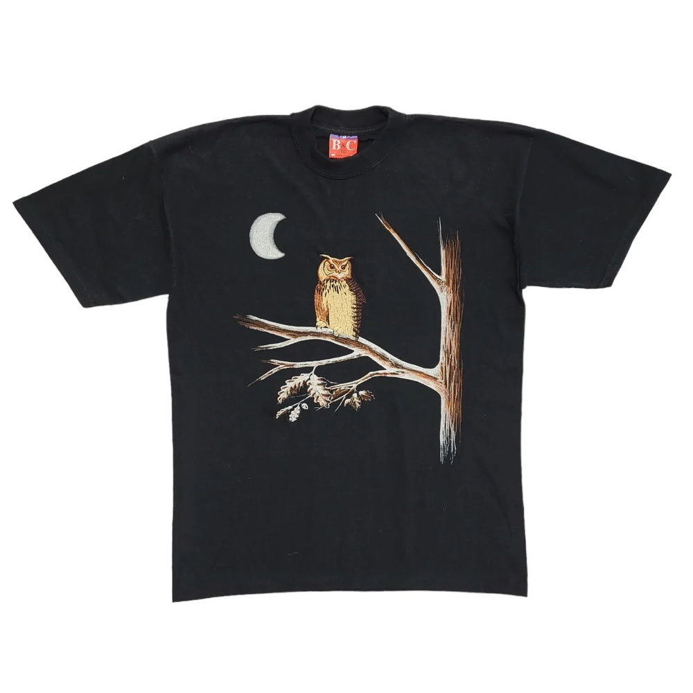 B&C Black Owl & Moon Vintage 90s T-Shirt Uk Men's Size Medium