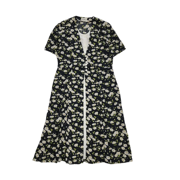90s Vintage Kenzie Black & White Floral Button Daywear Dress Women's Size 10