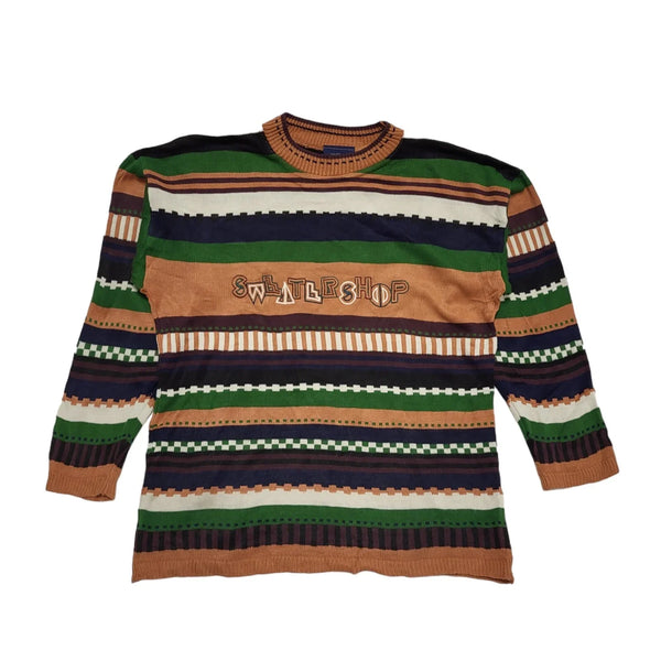 Sweater Shop 80s Coogi Vintage Green Brown Striped Jumper Uk Women's Size XL
