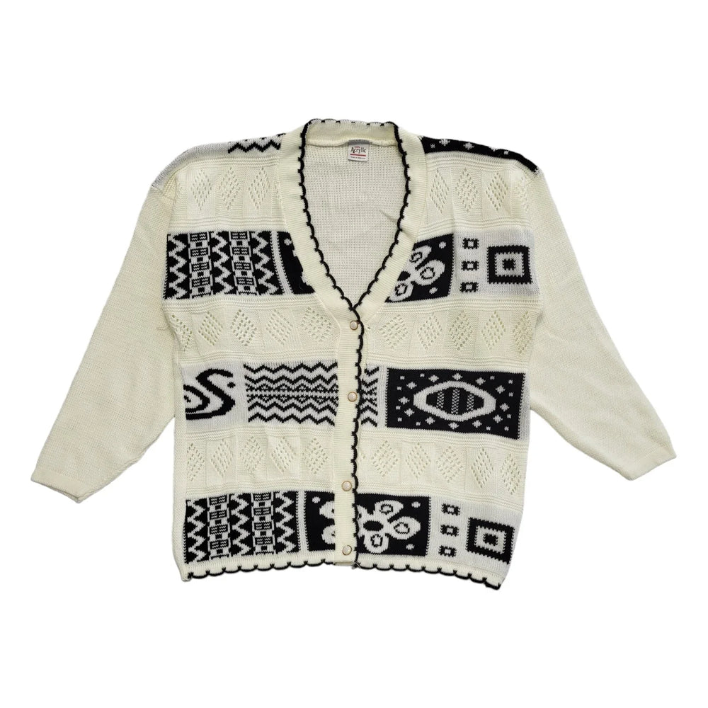80s Vintage White & Black Button Cardigan Uk Women's Size 16