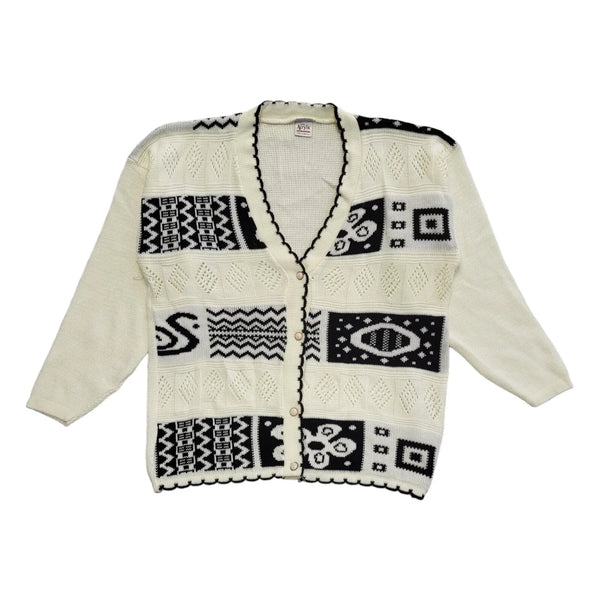80s Vintage White & Black Button Cardigan Uk Women's Size 16