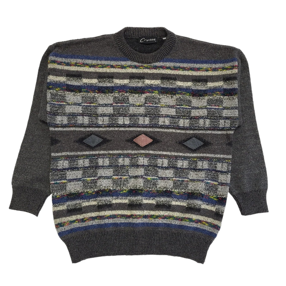Crusoe Vintage 80s Grey Blue Crew Neck Acrylic Jumper Men's Size L