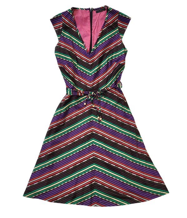 Naf Naf 90s Vintage Multicoloured A-Line Belted Dress Women's Size 10