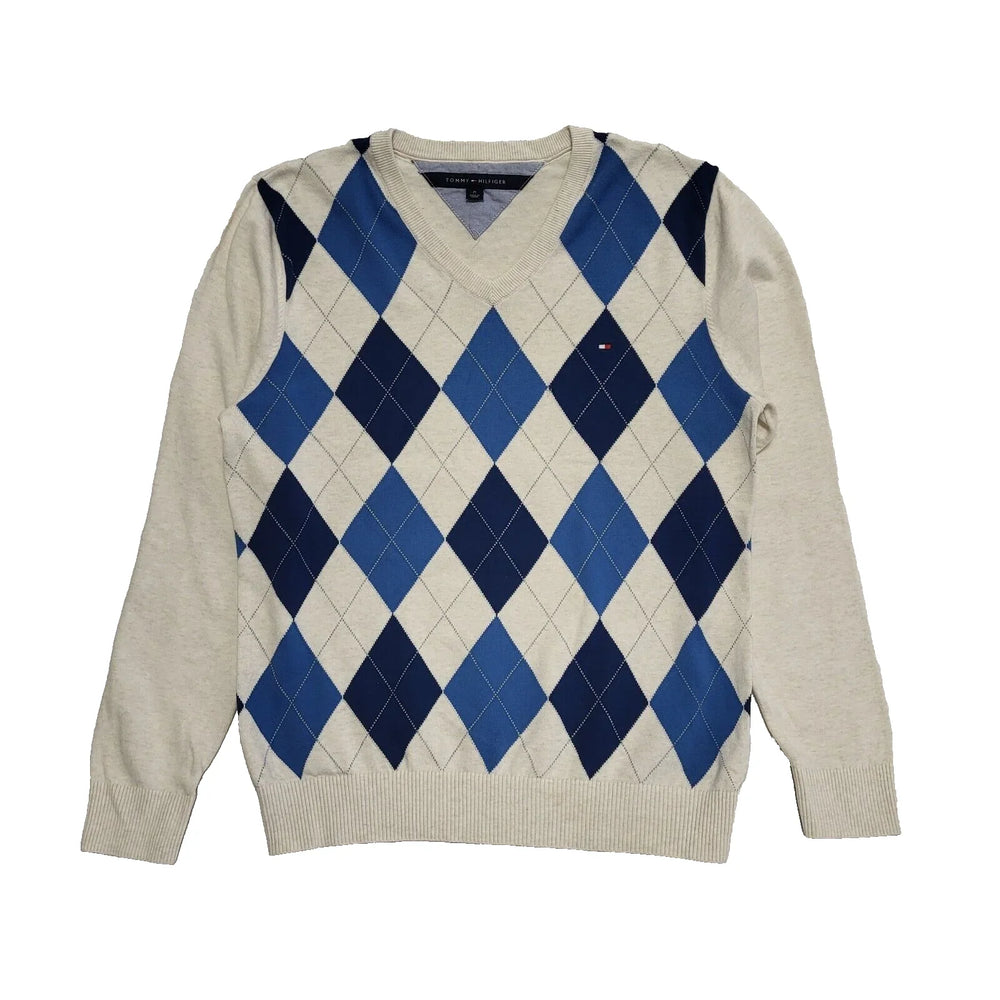 Tommy Hilfiger V-Neck Jumper Argyle White Blue UK Men's M EU 50 L122