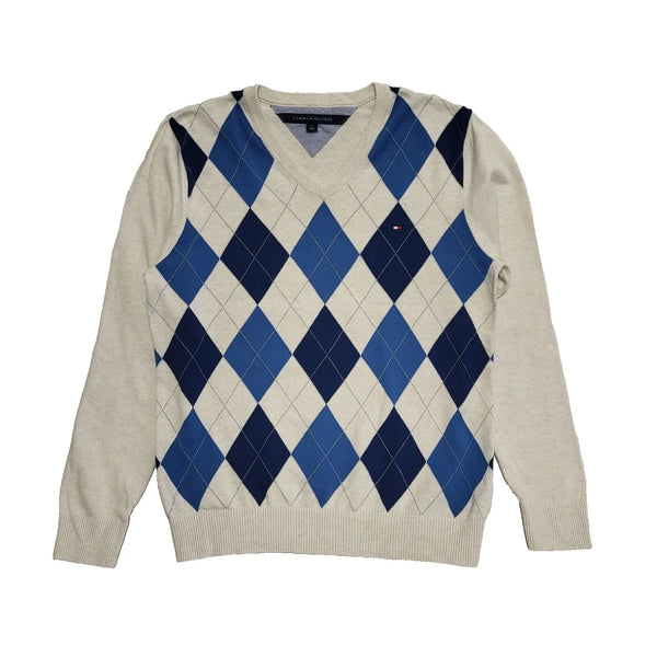Tommy Hilfiger V-Neck Jumper Argyle White Blue UK Men's M EU 50 L122