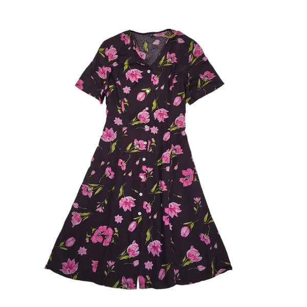 90s Vintage Black & Pink Floral Buttoned Daywear Dress Women's Size 18